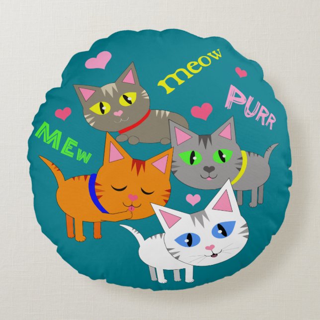 Whimsical Cat Lover's Cats Round Pillow Rond Kussen (Voorkant)