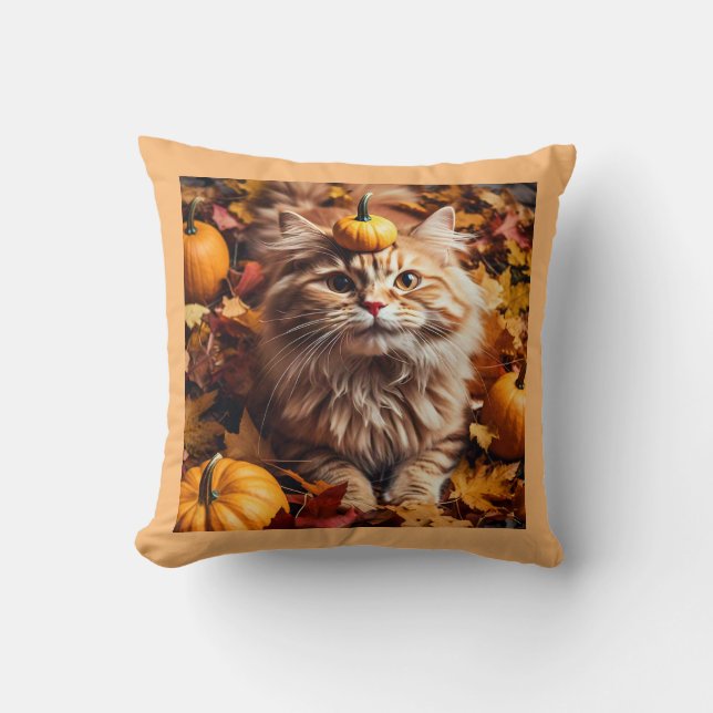 Whimsical Cat met Autumn Pumpkins Sierkussen (Voorkant)
