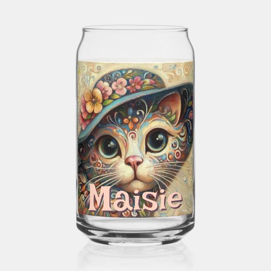 Whimsical Cat met een Pet Bloemen Gepersonaliseerd Blikvorm Glas (Voorkant)