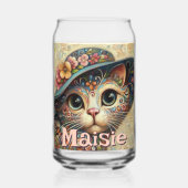 Whimsical Cat met een Pet Bloemen Gepersonaliseerd Blikvorm Glas (Achterkant)