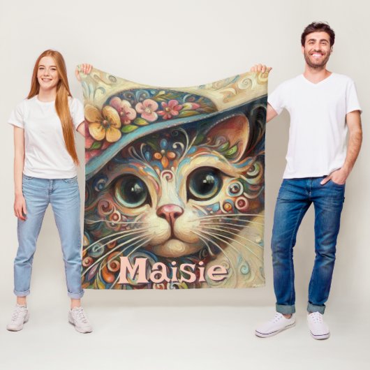 Whimsical Cat met een Pet Bloemen Gepersonaliseerd Fleece Deken (In situ)