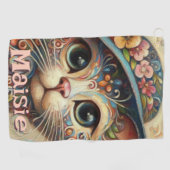 Whimsical Cat met een Pet Bloemen Gepersonaliseerd Golfhanddoek (Horizontaal)