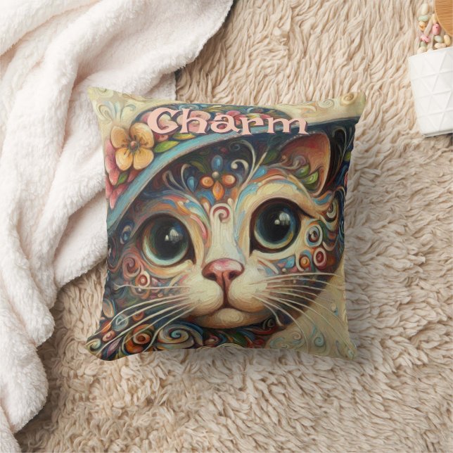 Whimsical Cat met een Pet Bloemen Gepersonaliseerd Kussen (Deken)