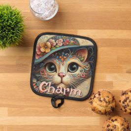 Whimsical Cat met een Pet Bloemen Gepersonaliseerd Pannenlap