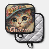 Whimsical Cat met een Pet Bloemen Gepersonaliseerd Pannenlap (Voorkant / Achterkant)