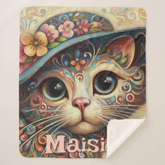 Whimsical Cat met een Pet Bloemen Gepersonaliseerd Sherpa Deken (Voorkant)