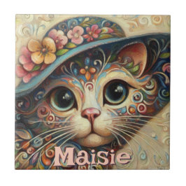Whimsical Cat met een Pet Bloemen Gepersonaliseerd Tegeltje