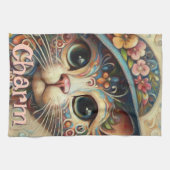 Whimsical Cat met een Pet Bloemen Gepersonaliseerd Theedoek (Horizontaal)