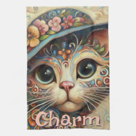 Whimsical Cat met een Pet Bloemen Gepersonaliseerd Theedoek