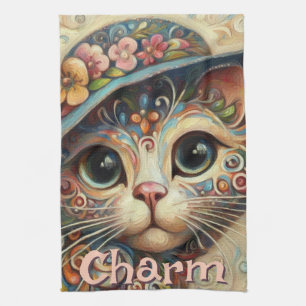 Whimsical Cat met een Pet Bloemen Gepersonaliseerd Theedoek