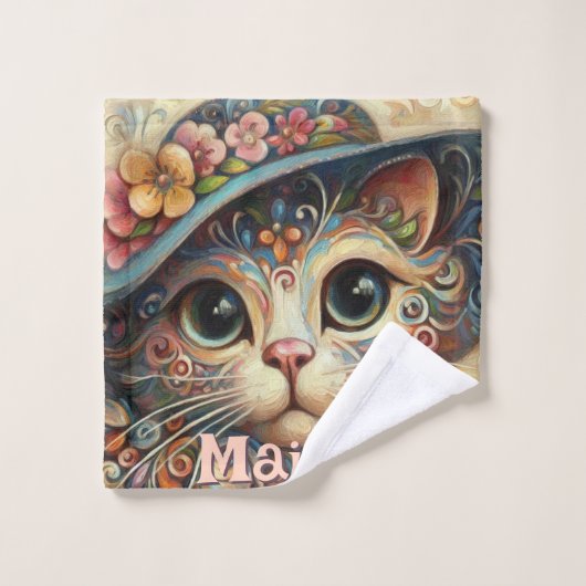 Whimsical Cat met een Pet Bloemen Gepersonaliseerd Washandje (Wasdoekje)