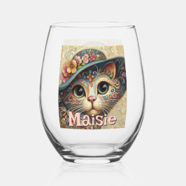 Whimsical Cat met een Pet Bloemen Gepersonaliseerd Wijnglas Zonder Voet