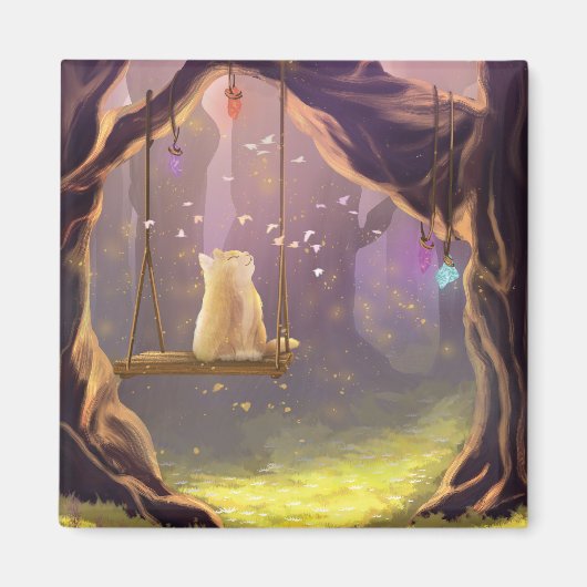 Whimsical Cat on a Swing Magnet (Voorkant)