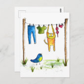 Whimsical Cat op een lijn Briefkaart (Voorkant / Achterkant)