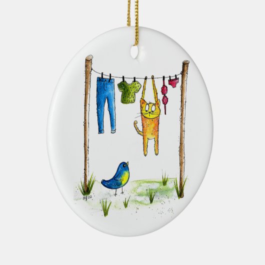 Whimsical Cat op een lijn Keramisch Ornament (Rechts)