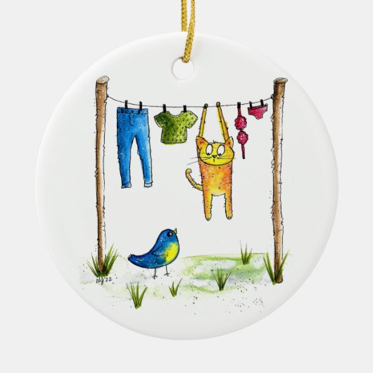 Whimsical Cat op een lijn Keramisch Ornament (Voorkant)