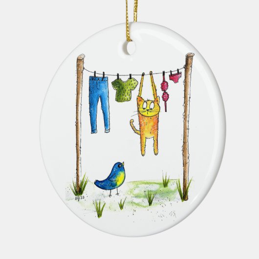 Whimsical Cat op een lijn Keramisch Ornament (Links)