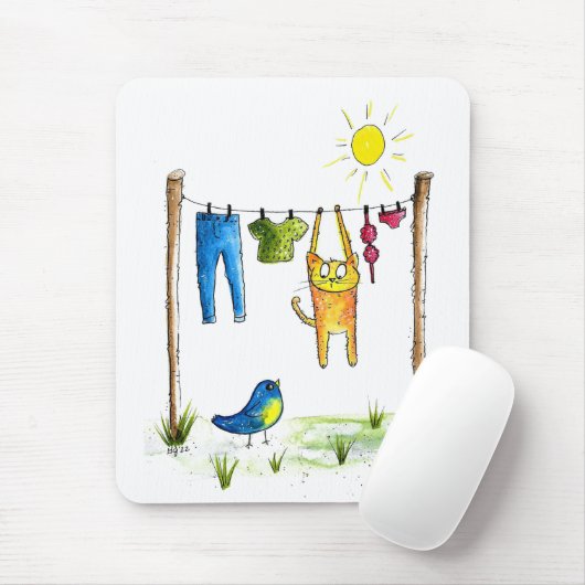 Whimsical Cat op een lijn Muismat (Met muis)