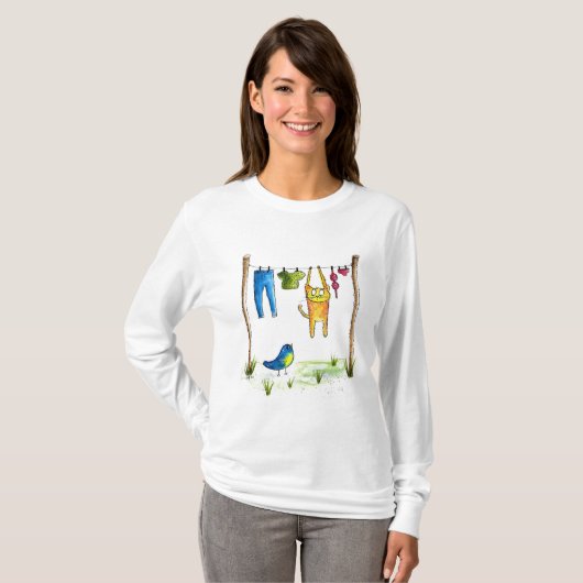 Whimsical Cat op een lijn T-shirt (Voorkant volledig)
