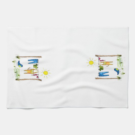 Whimsical Cat op een lijn Theedoek (Horizontaal)