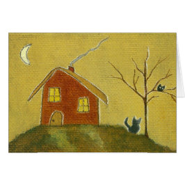 Whimsical Cat Owl House Primitive Art Painting