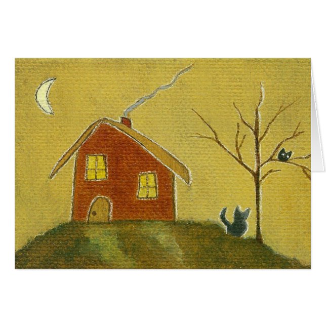 Whimsical Cat Owl House Primitive Art Painting (Voorkant Horizontaal)