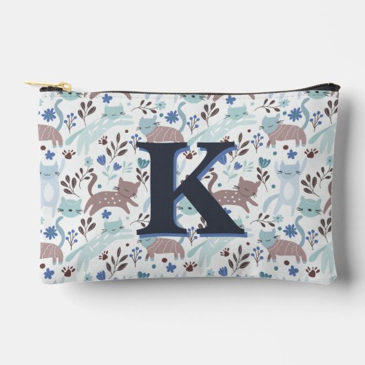 Whimsical Cat Pattern, Blauw Grijs Monogram Etui (Voorkant)