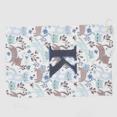Whimsical Cat Pattern, Blauw Grijs Monogram Golfhanddoek (Horizontaal)