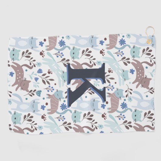 Whimsical Cat Pattern, Blauw Grijs Monogram Golfhanddoek (Horizontaal)