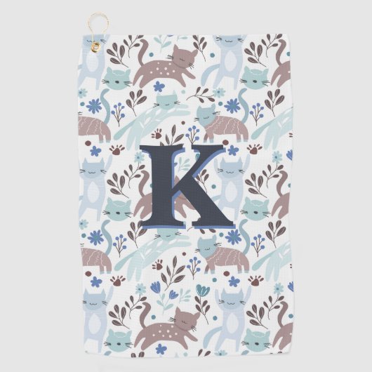 Whimsical Cat Pattern, Blauw Grijs Monogram Golfhanddoek (Voorkant)