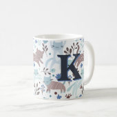 Whimsical Cat Pattern, Blauw Grijs Monogram Koffiemok (Voorkant rechts)
