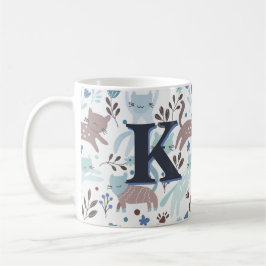 Whimsical Cat Pattern, Blauw Grijs Monogram Koffiemok