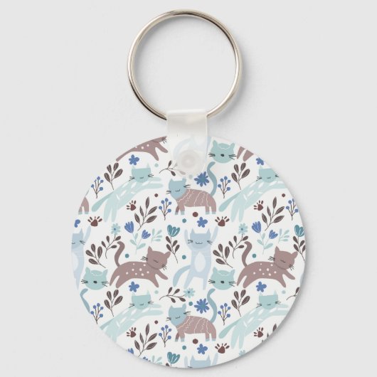 Whimsical Cat Pattern, Blauw Grijs Monogram Sleutelhanger (Achterkant)
