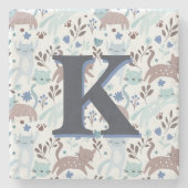 Whimsical Cat Pattern, Blauw Grijs Monogram Stenen Onderzetter (Voorkant)