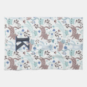 Whimsical Cat Pattern, Blauw Grijs Monogram Theedoek (Horizontaal)