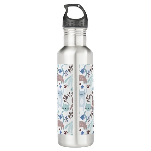 Whimsical Cat Pattern, Blauw Grijs Monogram Waterfles (Achterkant)