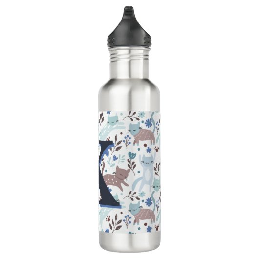 Whimsical Cat Pattern, Blauw Grijs Monogram Waterfles (Rechts)