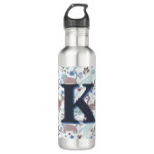 Whimsical Cat Pattern, Blauw Grijs Monogram Waterfles (Voorkant)