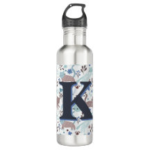 Whimsical Cat Pattern, Blauw Grijs Monogram