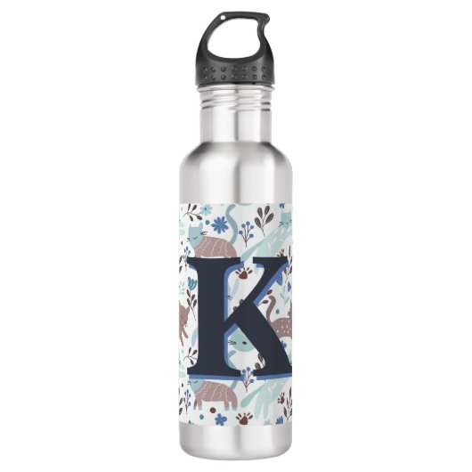 Whimsical Cat Pattern, Blauw Grijs Monogram Waterfles (Voorkant)