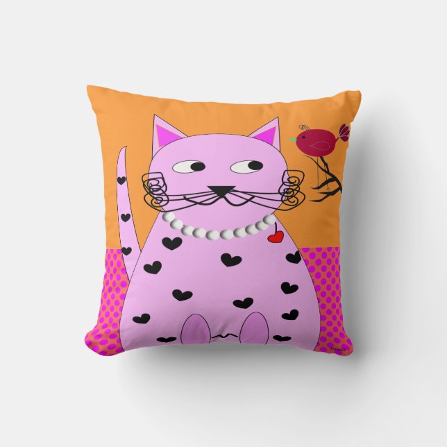 Whimsical Cat PIllow Fat Kat en Vogel Kussen (Voorkant)