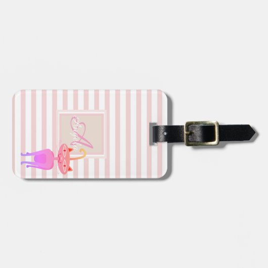 Whimsical Cat Pink Stripe Monogram-Gepersonaliseer Bagagelabel (Voorkant horizontaal)