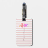 Whimsical Cat Pink Stripe Monogram-Gepersonaliseer Bagagelabel (Achterkant verticaal)