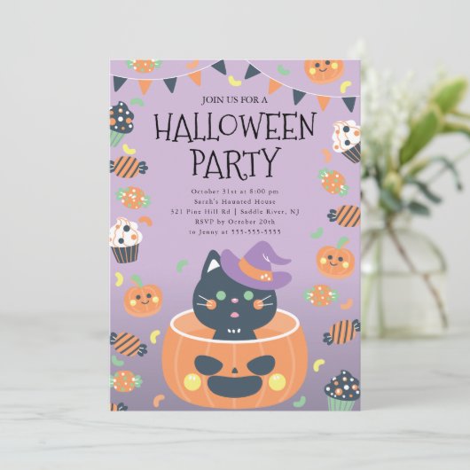 Whimsical Cat & Pumpkin Halloween Kaart (Staand voorkant)