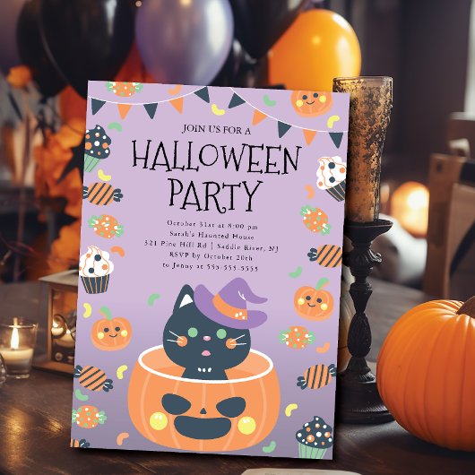 Whimsical Cat & Pumpkin Halloween Kaart