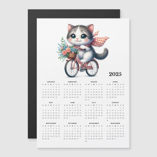 Whimsical Cat Riding Bicycle 2025 Magneet Kalender (Voorkant / Achterkant)