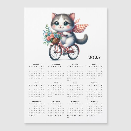Whimsical Cat Riding Bicycle 2025 Magneet Kalender (Voorkant)