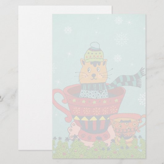 Whimsical Cat Sitting a Teacup Kerstmis Briefpapier (Voorkant / Achterkant)