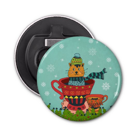 Whimsical Cat Sitting a Teacup Kerstmis Button Flesopener (Voorkant)