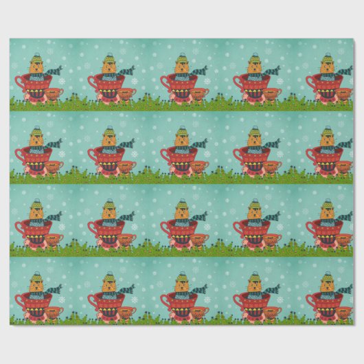 Whimsical Cat Sitting a Teacup Kerstmis Cadeaupapier (Vlak)